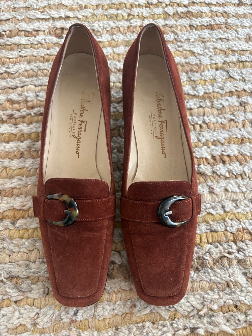 Salvatore Ferragamo Rust Suede Loafers with Tortoiseshell Buckles size 8 2a